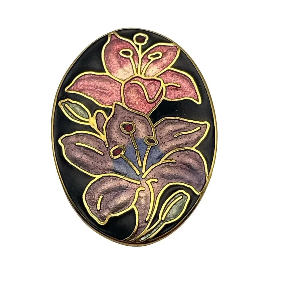 Vtg Fish & Crown Purple & Pink Oval Floral Flower Cloisonne Gold Tone Brooch Pin